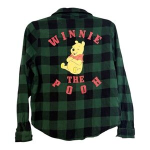 Disney Winnie the Pooh Plaid Check Flannel Button Down Shirt Green/Black Small